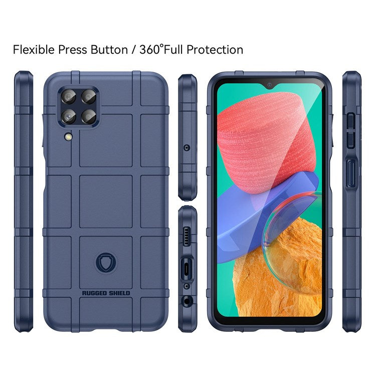 For Samsung Galaxy M33 5G (Global Version)/(India Version) Rugged Square Grid Phone Shell Bag Anti-drop Thickened TPU Protective Cover - Blue
