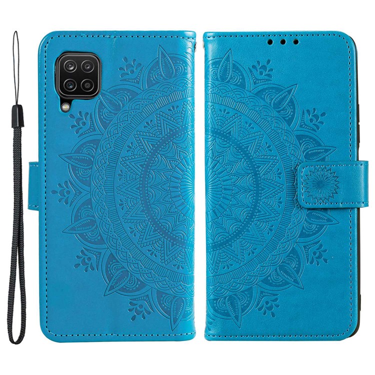 For Samsung Galaxy M33 5G (Global Version) Mandala Flower Pattern Imprinted PU Leather Magnetic Flip Cover Wrist Strap Wallet Stand Feature Shockproof Protective Case - Blue