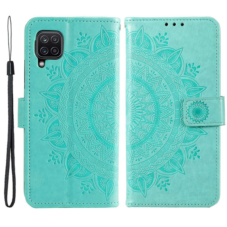 For Samsung Galaxy M33 5G (Global Version) Mandala Flower Pattern Imprinted PU Leather Magnetic Flip Cover Wrist Strap Wallet Stand Feature Shockproof Protective Case - Green