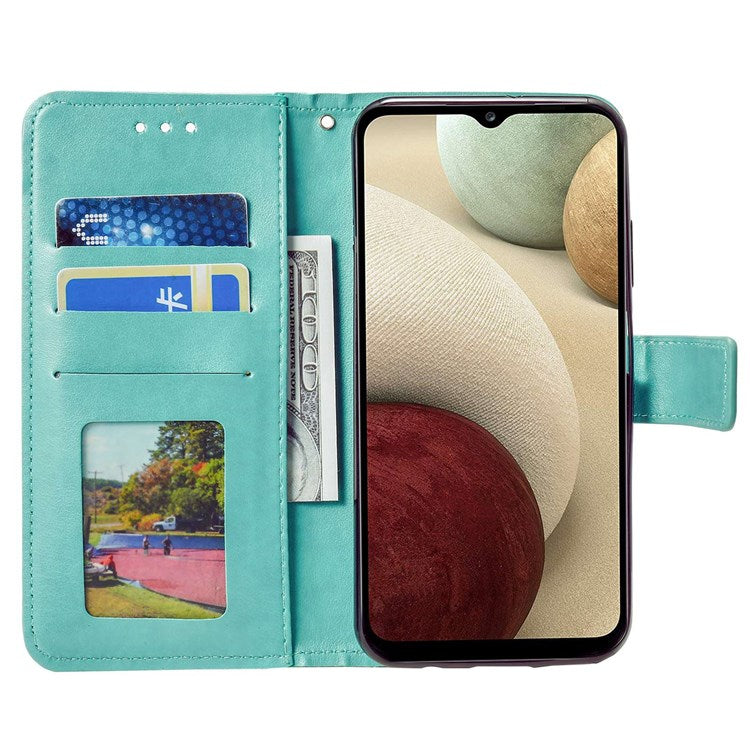 For Samsung Galaxy M33 5G (Global Version) Mandala Flower Pattern Imprinted PU Leather Magnetic Flip Cover Wrist Strap Wallet Stand Feature Shockproof Protective Case - Green