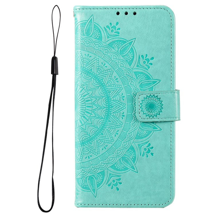For Samsung Galaxy M33 5G (Global Version) Mandala Flower Pattern Imprinted PU Leather Magnetic Flip Cover Wrist Strap Wallet Stand Feature Shockproof Protective Case - Green
