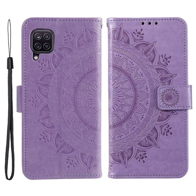 For Samsung Galaxy M33 5G (Global Version) Mandala Flower Pattern Imprinted PU Leather Magnetic Flip Cover Wrist Strap Wallet Stand Feature Shockproof Protective Case - Purple