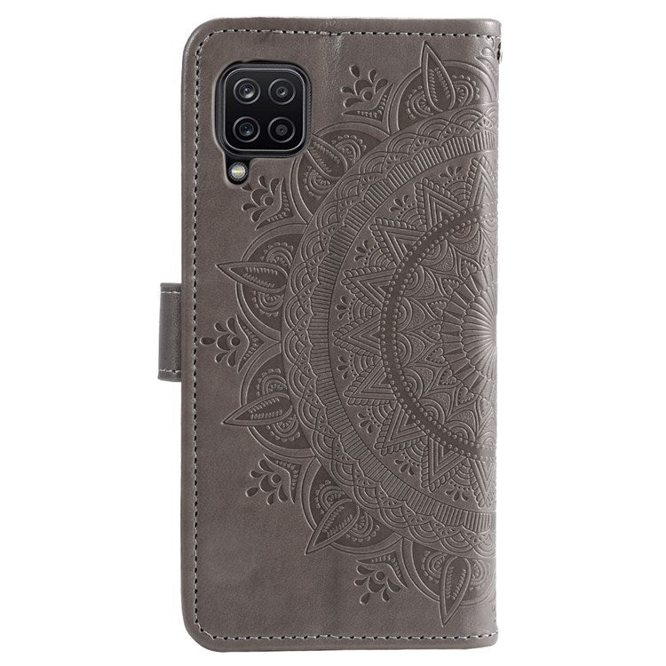 For Samsung Galaxy M33 5G (Global Version) Mandala Flower Pattern Imprinted PU Leather Magnetic Flip Cover Wrist Strap Wallet Stand Feature Shockproof Protective Case - Grey