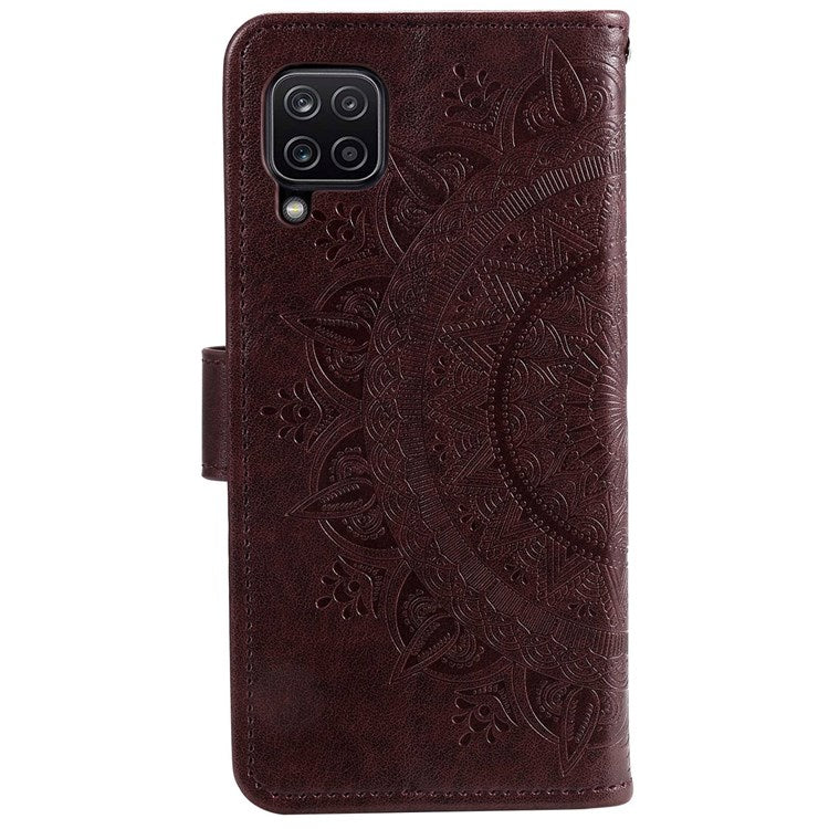 For Samsung Galaxy M33 5G (Global Version) Mandala Flower Pattern Imprinted PU Leather Magnetic Flip Cover Wrist Strap Wallet Stand Feature Shockproof Protective Case - Brown