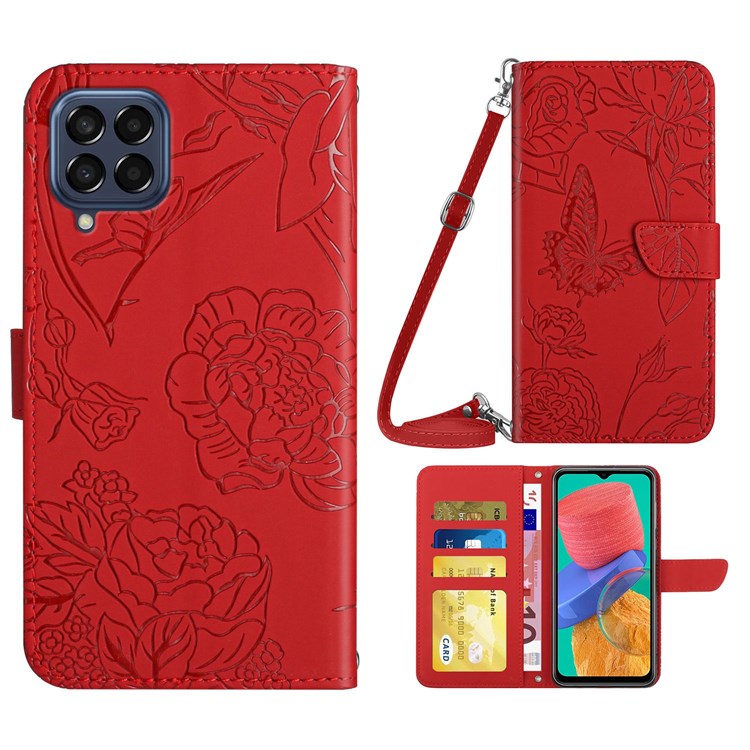 For Samsung Galaxy M33 5G (Global Version) Imprinting Butterfly Flowers Case PU Leather Wallet Stand Phone Cover with Shoulder Strap - Red