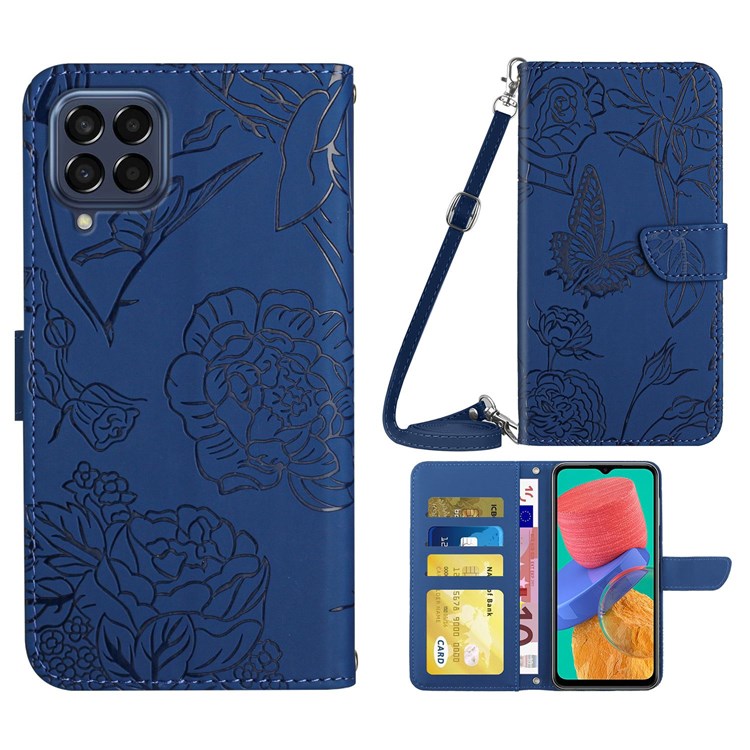 For Samsung Galaxy M33 5G (Global Version) Imprinting Butterfly Flowers Case PU Leather Wallet Stand Phone Cover with Shoulder Strap - Blue