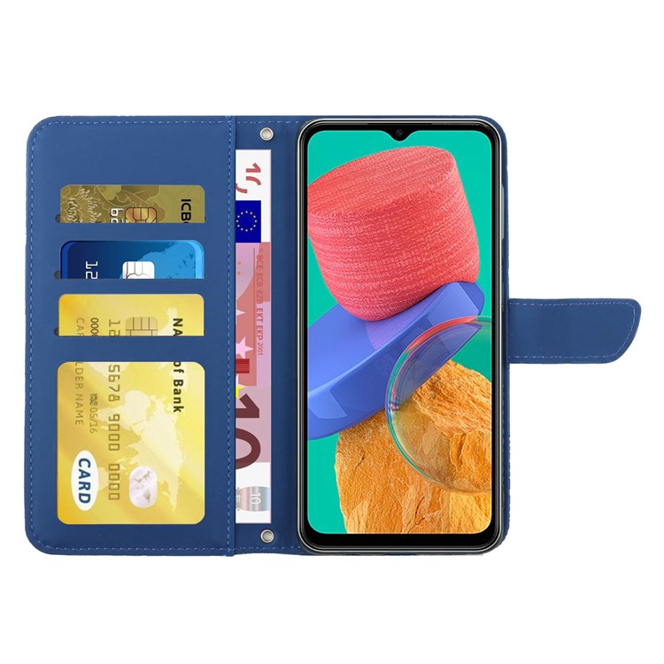 For Samsung Galaxy M33 5G (Global Version) Imprinting Butterfly Flowers Case PU Leather Wallet Stand Phone Cover with Shoulder Strap - Blue