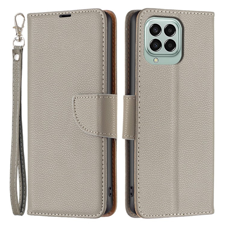 For Samsung Galaxy M33 5G (Global) Wallet Case Litchi Texture Flip Leather Mobile Cover Stand with Strap - Grey
