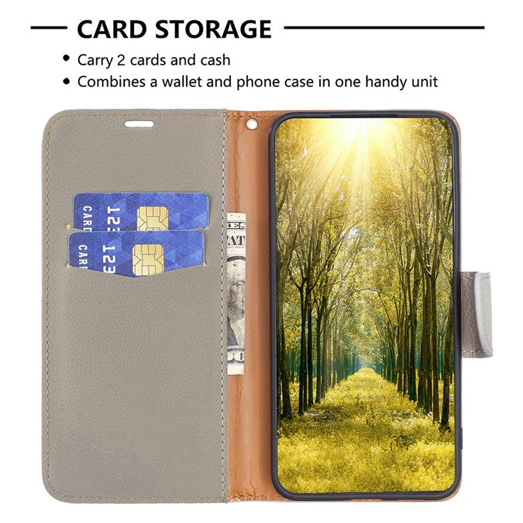 For Samsung Galaxy M33 5G (Global) Wallet Case Litchi Texture Flip Leather Mobile Cover Stand with Strap - Grey