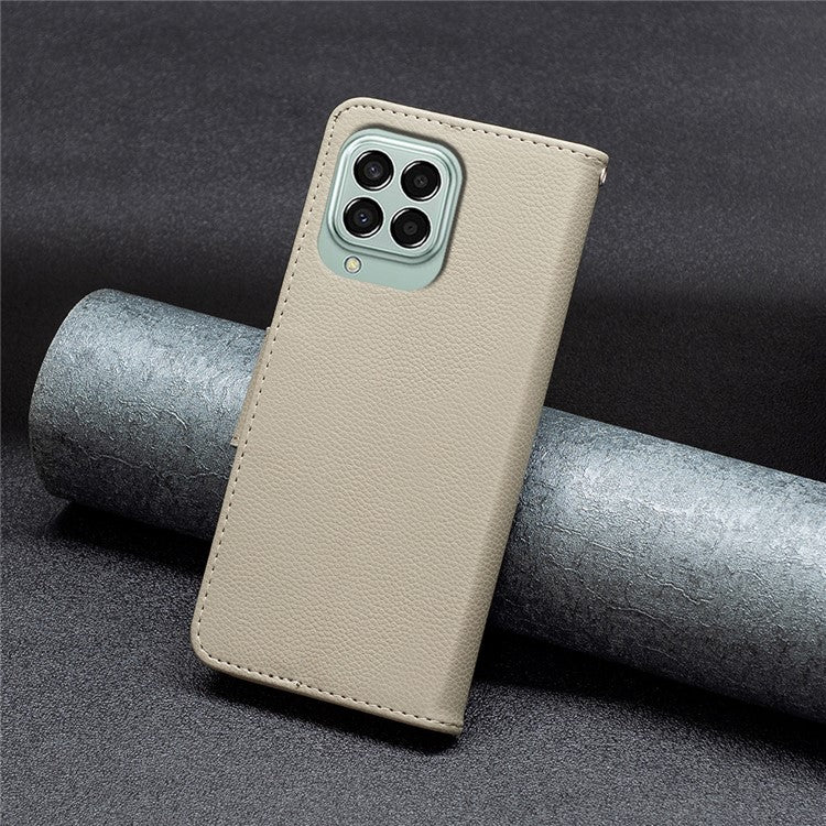 For Samsung Galaxy M33 5G (Global) Wallet Case Litchi Texture Flip Leather Mobile Cover Stand with Strap - Grey
