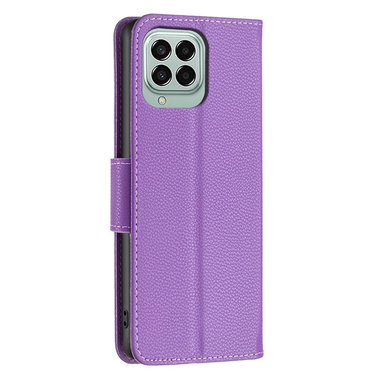For Samsung Galaxy M33 5G (Global) Wallet Case Litchi Texture Flip Leather Mobile Cover Stand with Strap - Purple