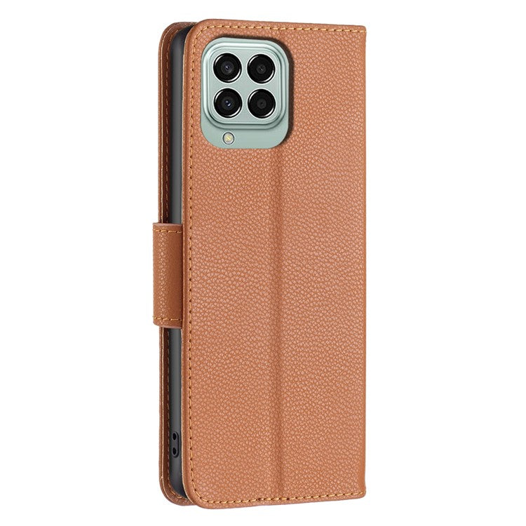 For Samsung Galaxy M33 5G (Global) Wallet Case Litchi Texture Flip Leather Mobile Cover Stand with Strap - Brown