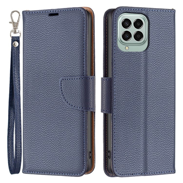 For Samsung Galaxy M33 5G (Global) Wallet Case Litchi Texture Flip Leather Mobile Cover Stand with Strap - Dark Blue