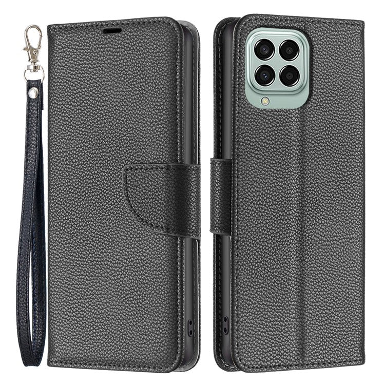 For Samsung Galaxy M33 5G (Global) Wallet Case Litchi Texture Flip Leather Mobile Cover Stand with Strap - Black