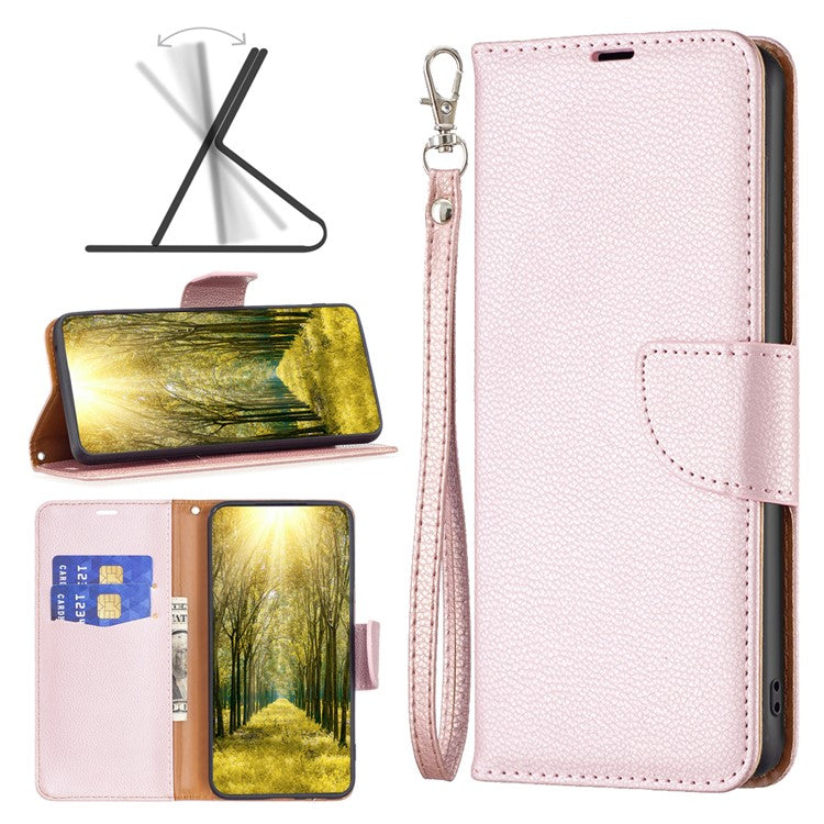For Samsung Galaxy M33 5G (Global) Wallet Case Litchi Texture Flip Leather Mobile Cover Stand with Strap - Rose Gold