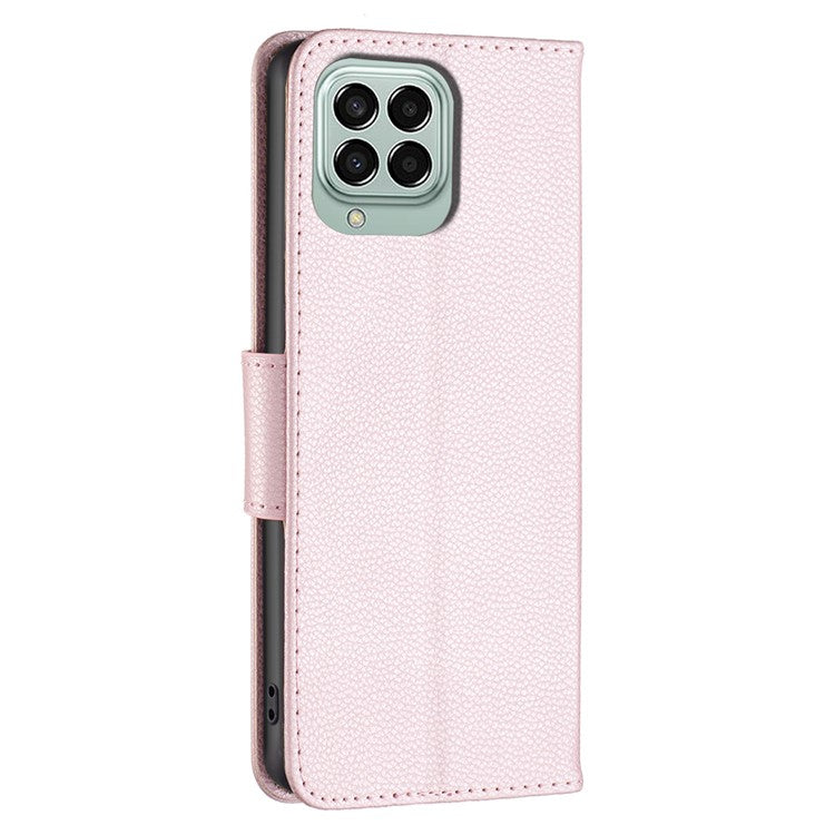 For Samsung Galaxy M33 5G (Global) Wallet Case Litchi Texture Flip Leather Mobile Cover Stand with Strap - Rose Gold