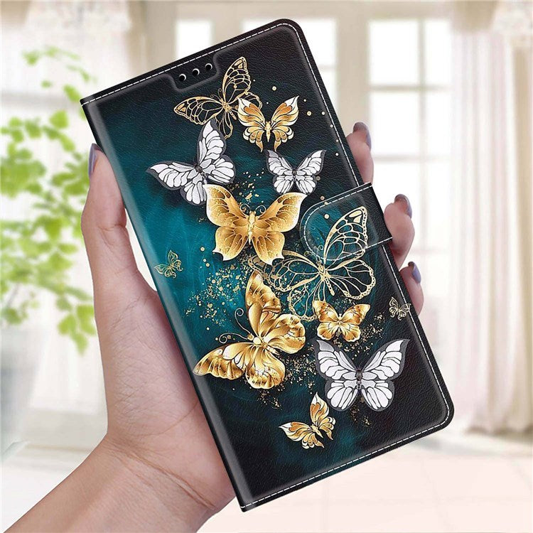 Pattern Printing Design PU Leather Phone Case for Samsung Galaxy M53 5G, Full-Wrapped Full Protection Leather Case Cover - C20 Gold and Silver Flying Butterflies