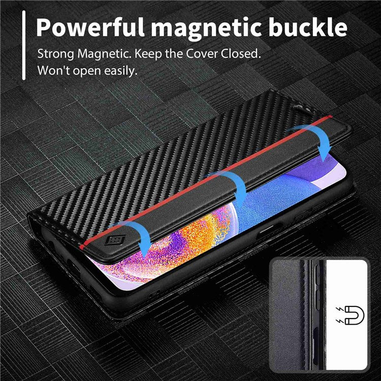 LC.IMEEKE for Samsung Galaxy A23 5G (Global Version) Wallet Style Carbon Fiber Texture Anti-scratch Anti-drop Leather Case Magnetic Auto-absorbed Stand Phone Shell - Vertical Stripe