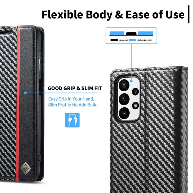 LC.IMEEKE for Samsung Galaxy A23 5G (Global Version) Wallet Style Carbon Fiber Texture Anti-scratch Anti-drop Leather Case Magnetic Auto-absorbed Stand Phone Shell - Vertical Stripe
