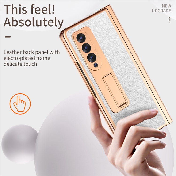 For Samsung Galaxy Z Fold3 5G Hinge Protection PU Leather + Hard PC Shell Full-Body Electroplating Kickstand Cover with Bulit-in Tempered Glass Screen Protector and S Pen - White