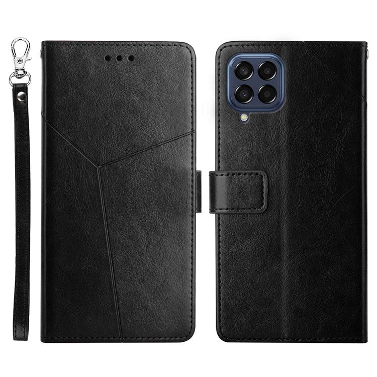 HT01 For Samsung Galaxy M33 5G (Global Version) Y-Shaped Lines Imprinting Wallet Stand Phone Cover PU Leather Cellphone Shell - Black