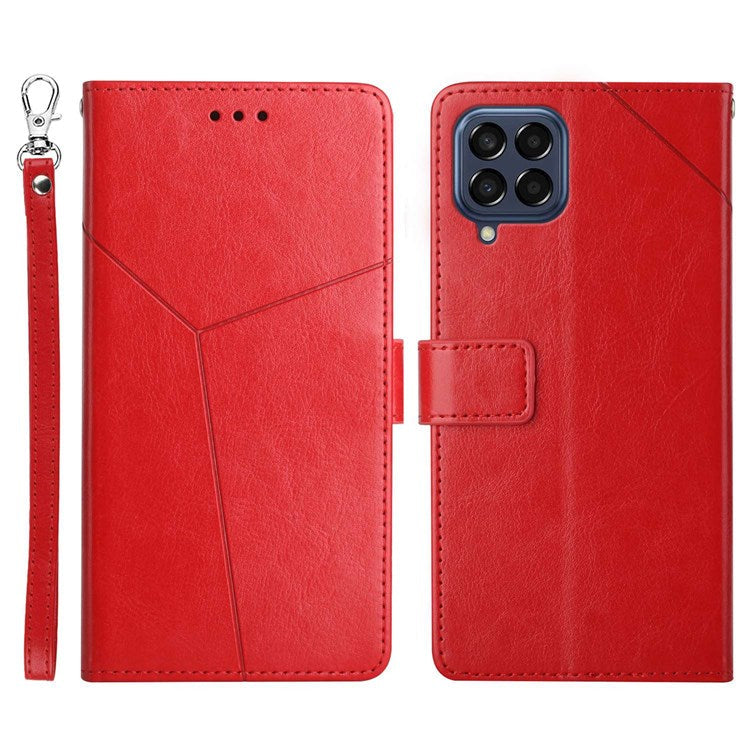 HT01 For Samsung Galaxy M33 5G (Global Version) Y-Shaped Lines Imprinting Wallet Stand Phone Cover PU Leather Cellphone Shell - Red