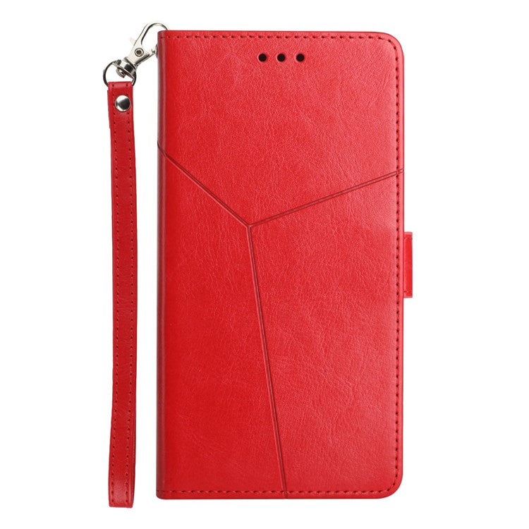 HT01 For Samsung Galaxy M33 5G (Global Version) Y-Shaped Lines Imprinting Wallet Stand Phone Cover PU Leather Cellphone Shell - Red