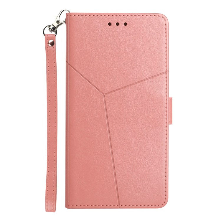 HT01 For Samsung Galaxy M33 5G (Global Version) Y-Shaped Lines Imprinting Wallet Stand Phone Cover PU Leather Cellphone Shell - Pink