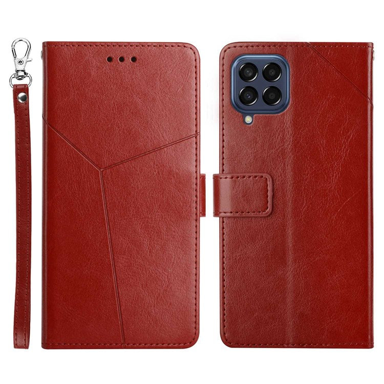 HT01 For Samsung Galaxy M33 5G (Global Version) Y-Shaped Lines Imprinting Wallet Stand Phone Cover PU Leather Cellphone Shell - Brown