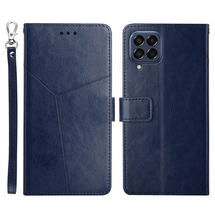 HT01 For Samsung Galaxy M33 5G (Global Version) Y-Shaped Lines Imprinting Wallet Stand Phone Cover PU Leather Cellphone Shell - Blue