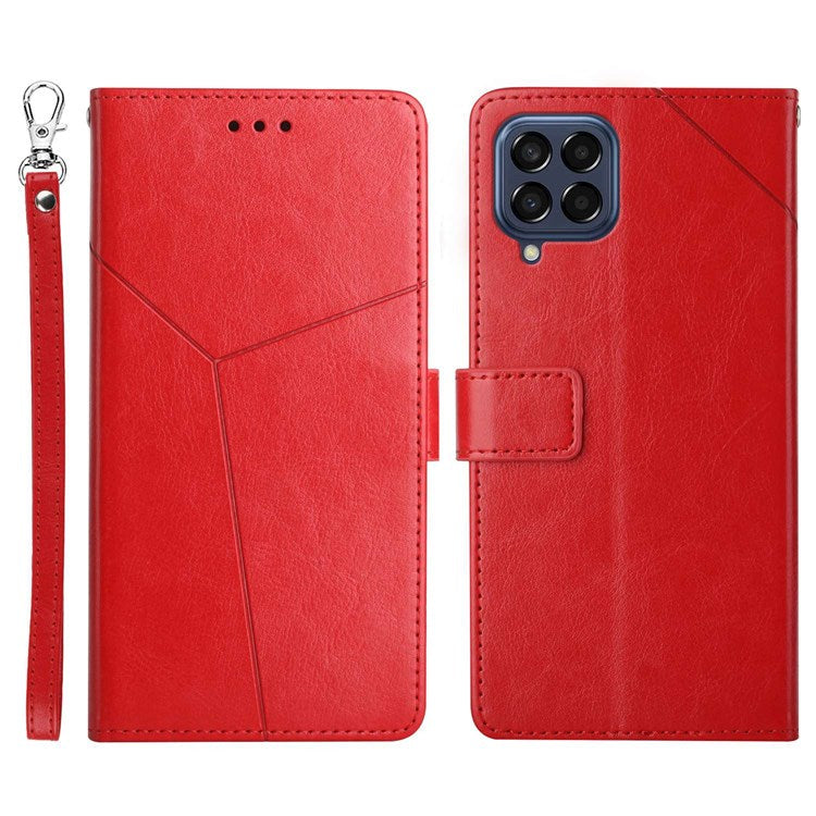 HT01 For Samsung Galaxy M53 5G PU Leather Phone Shell Bump Proof Y-Shaped Lines Imprinting Wallet Stand Phone Cover - Red