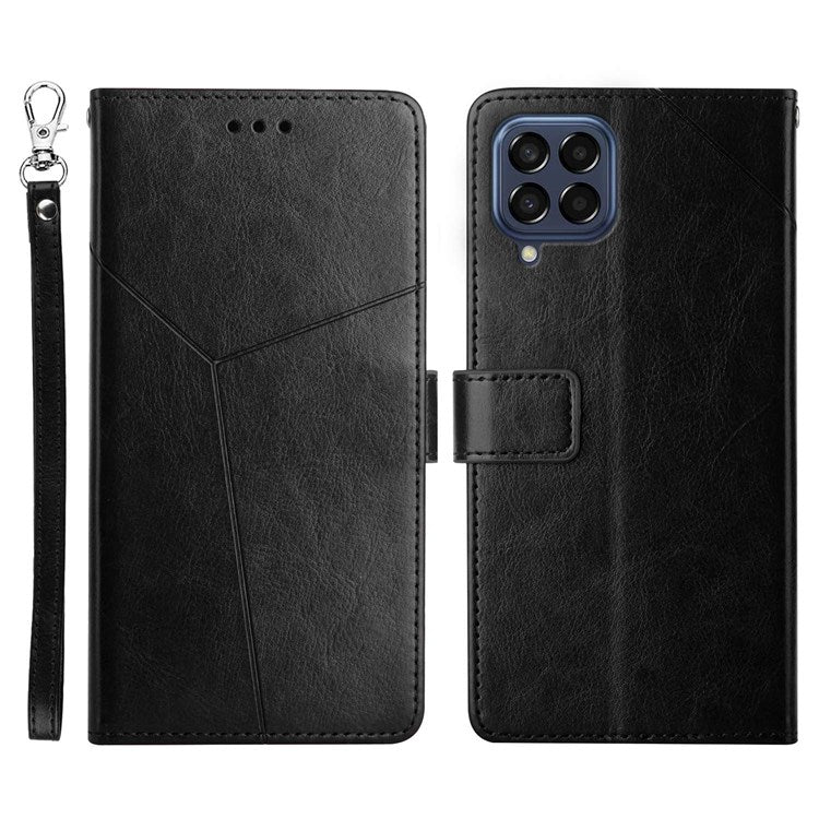 HT01 For Samsung Galaxy M53 5G PU Leather Phone Shell Bump Proof Y-Shaped Lines Imprinting Wallet Stand Phone Cover - Black