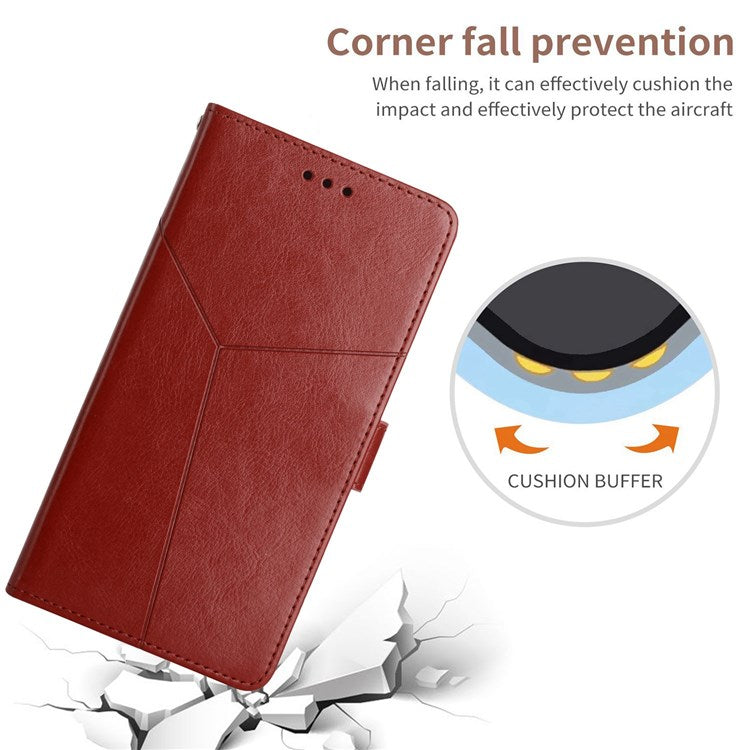 HT01 For Samsung Galaxy M53 5G PU Leather Phone Shell Bump Proof Y-Shaped Lines Imprinting Wallet Stand Phone Cover - Brown