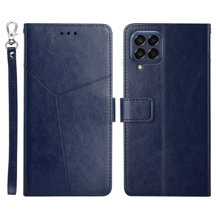 HT01 For Samsung Galaxy M53 5G PU Leather Phone Shell Bump Proof Y-Shaped Lines Imprinting Wallet Stand Phone Cover - Blue