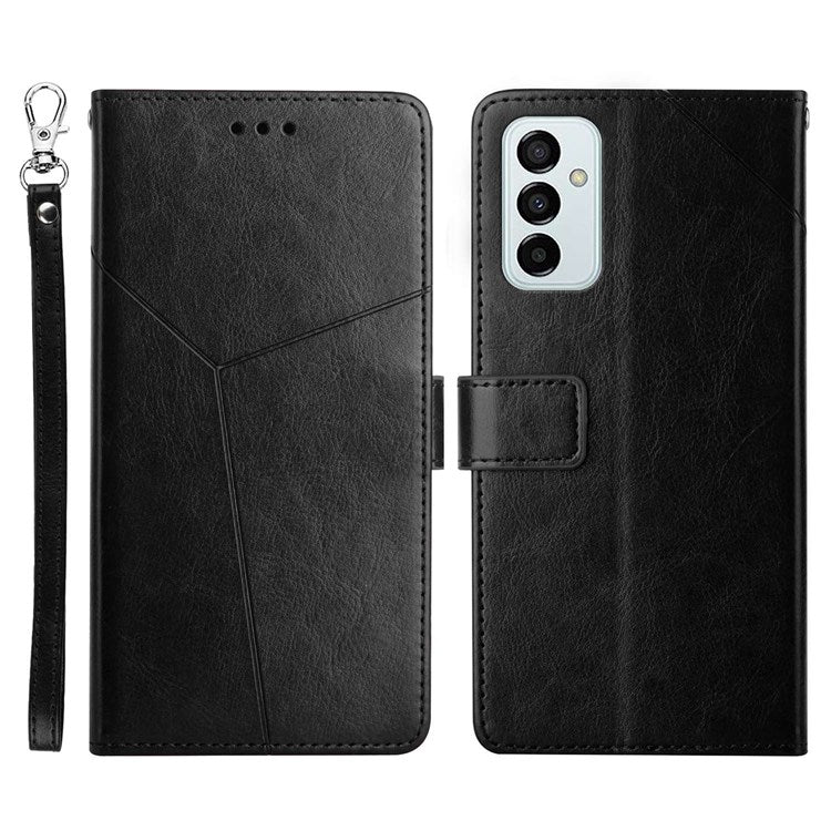 HT01 For Samsung Galaxy M23 5G/F23 5G Shock Absorption PU Leather Phone Shell Y-Shaped Lines Imprinting Wallet Stand Phone Cover - Black