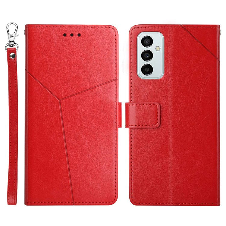 HT01 For Samsung Galaxy M23 5G/F23 5G Shock Absorption PU Leather Phone Shell Y-Shaped Lines Imprinting Wallet Stand Phone Cover - Red