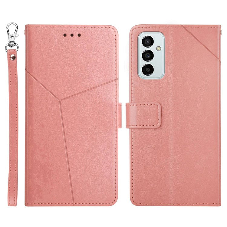 HT01 For Samsung Galaxy M23 5G/F23 5G Shock Absorption PU Leather Phone Shell Y-Shaped Lines Imprinting Wallet Stand Phone Cover - Pink