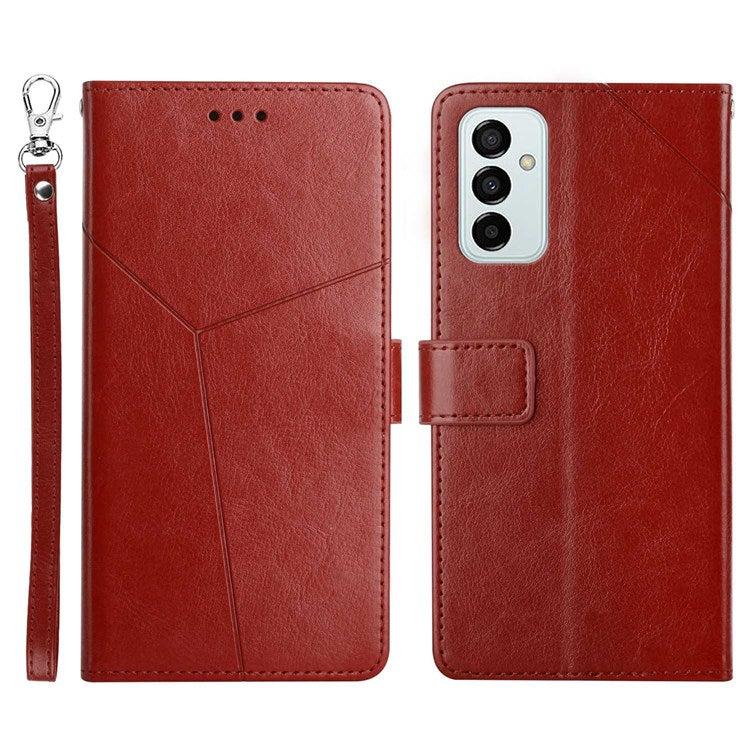 HT01 For Samsung Galaxy M23 5G/F23 5G Shock Absorption PU Leather Phone Shell Y-Shaped Lines Imprinting Wallet Stand Phone Cover - Brown