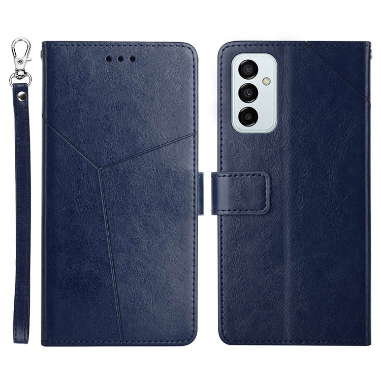 HT01 For Samsung Galaxy M23 5G/F23 5G Shock Absorption PU Leather Phone Shell Y-Shaped Lines Imprinting Wallet Stand Phone Cover - Blue
