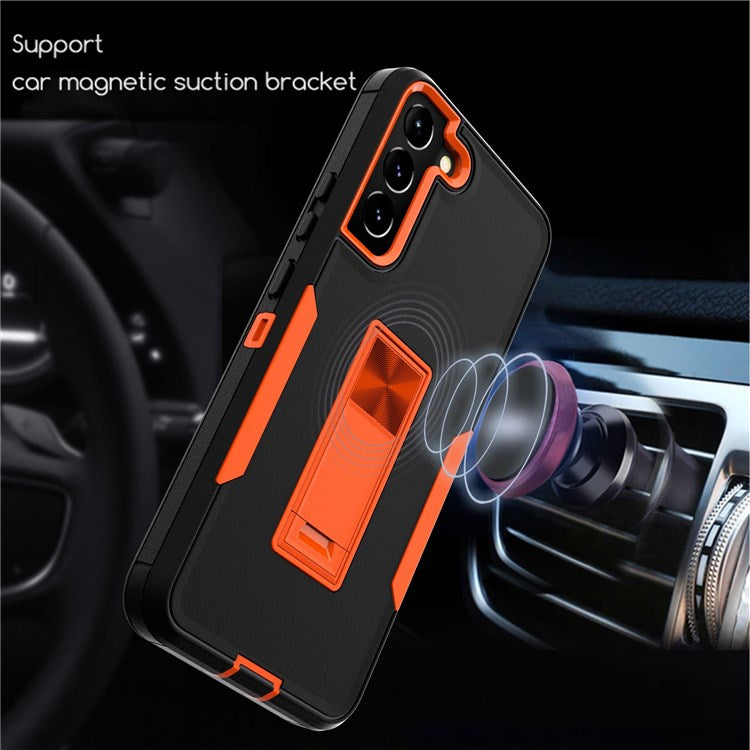 For Samsung Galaxy S22+ 5G Hard PC + Soft TPU Hybrid Phone Cover with Integrated Kickstand Car Mount Metal Sheet Case - Lake Blue/Blue-green