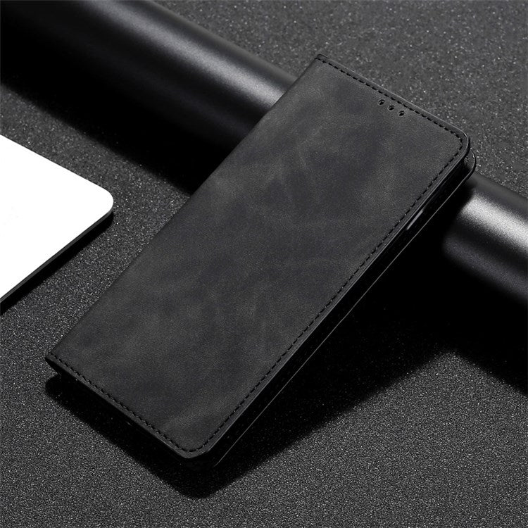 For Samsung Galaxy M33 5G (Global Version) Phone Stand Shell, Card Holder Design Skin-touch Feeling Leather Case - Black
