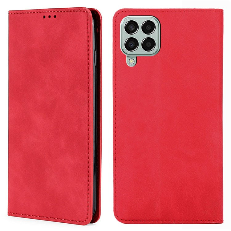 For Samsung Galaxy M33 5G (Global Version) Phone Stand Shell, Card Holder Design Skin-touch Feeling Leather Case - Red