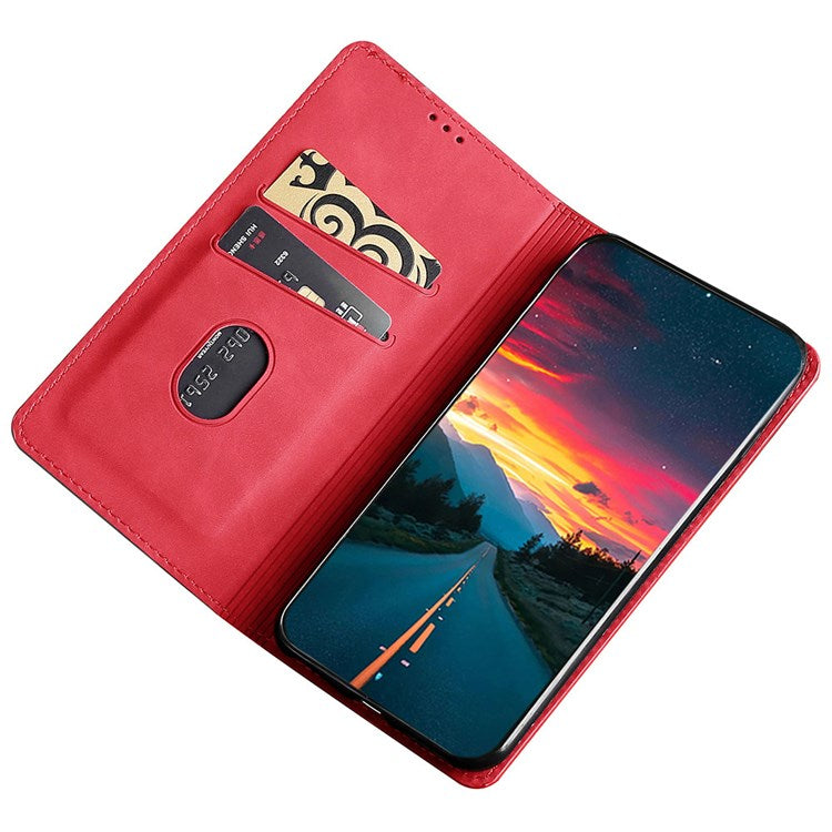 For Samsung Galaxy M33 5G (Global Version) Phone Stand Shell, Card Holder Design Skin-touch Feeling Leather Case - Red
