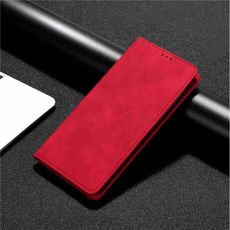 For Samsung Galaxy M33 5G (Global Version) Phone Stand Shell, Card Holder Design Skin-touch Feeling Leather Case - Red