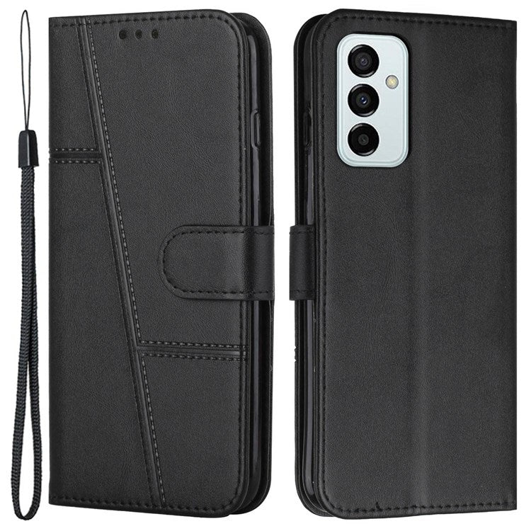 For Samsung Galaxy M23 5G/F23 5G PU Leather TPU Interior Case Stand Feature Magnetic Folio Book Folding Stitching Cover with Strap - Black
