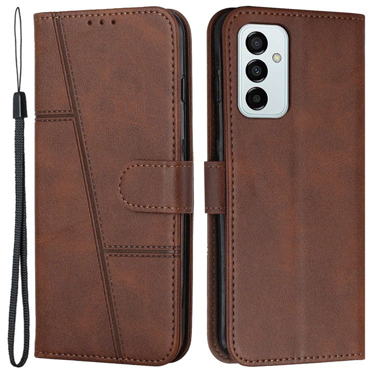 For Samsung Galaxy M23 5G/F23 5G PU Leather TPU Interior Case Stand Feature Magnetic Folio Book Folding Stitching Cover with Strap - Brown