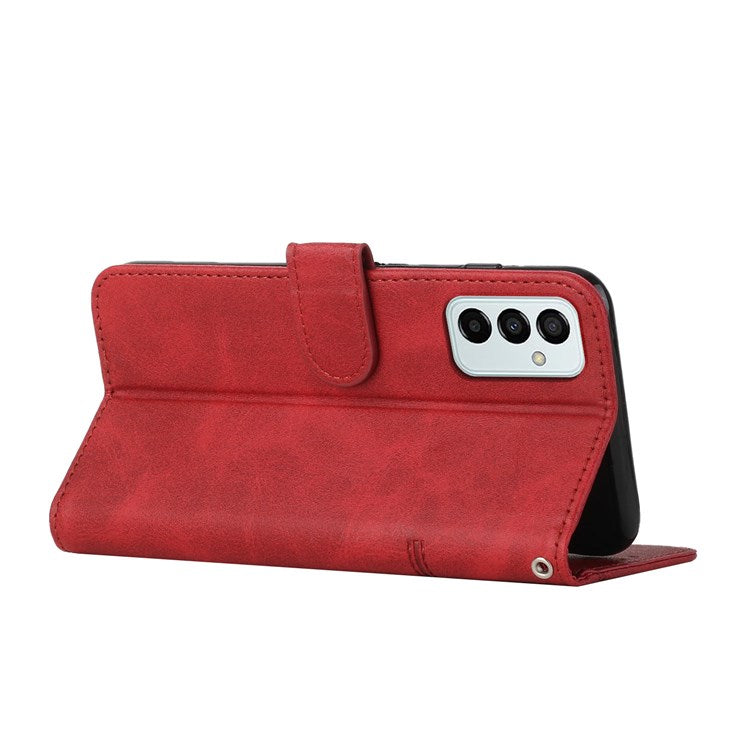 For Samsung Galaxy M23 5G/F23 5G PU Leather TPU Interior Case Stand Feature Magnetic Folio Book Folding Stitching Cover with Strap - Red