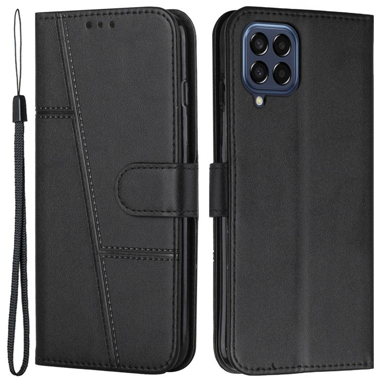 For Samsung Galaxy M53 5G PU Leather Phone Case Shock Absorbing Wallet Stand Flip Stitching Cover with Strap - Black