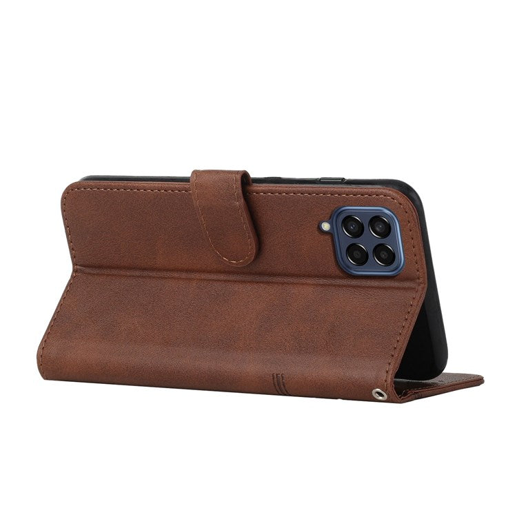 For Samsung Galaxy M53 5G PU Leather Phone Case Shock Absorbing Wallet Stand Flip Stitching Cover with Strap - Brown
