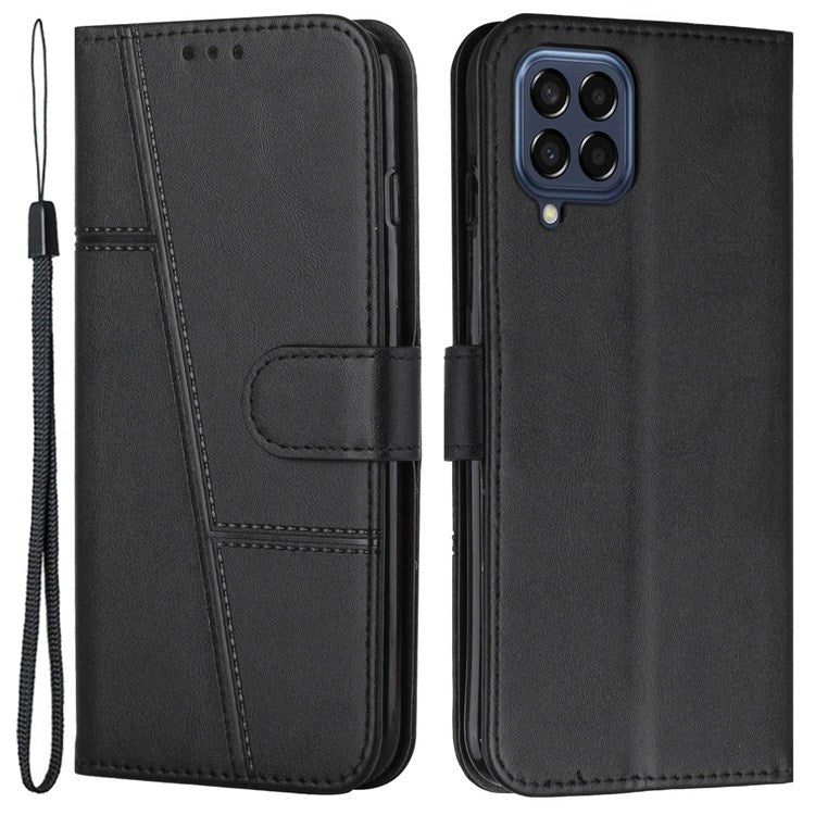 For Samsung Galaxy M33 5G (Global Version) PU Leather Stitching Cover Stand Magnetic Protect Shockproof Flip Case with Strap - Black
